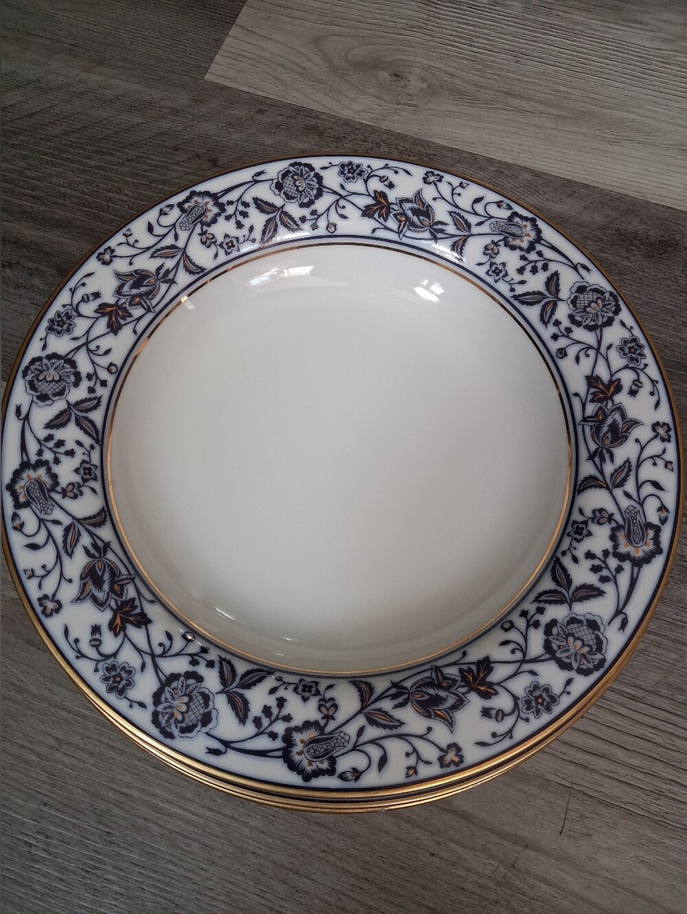 Set Of 3 ,Elegant Blue Floral Gold-Rim Porcelain Dinner Plate